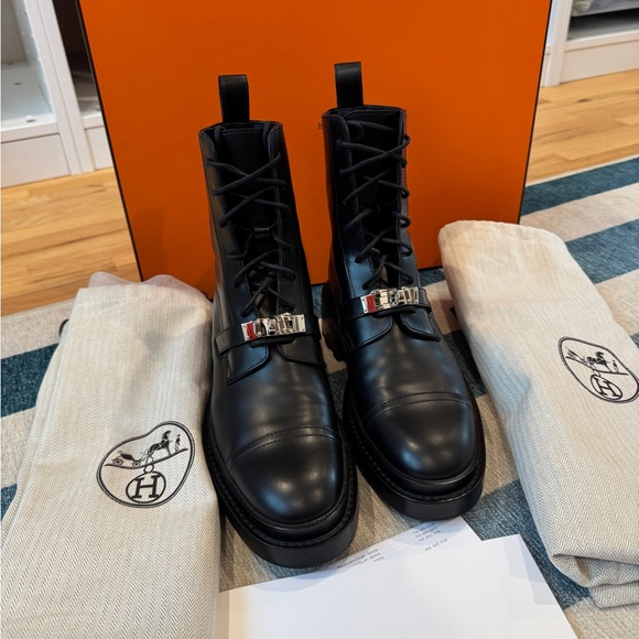 Hermes Funk Ankle Boot - Black Leather Combat Boots - Picture 1 of 9